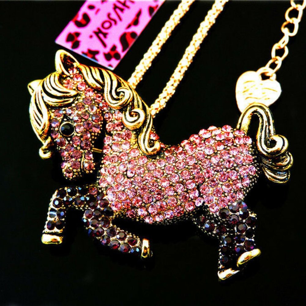 Betsey Johnson pink black crystal rhinestone horse pendant necklace brooch